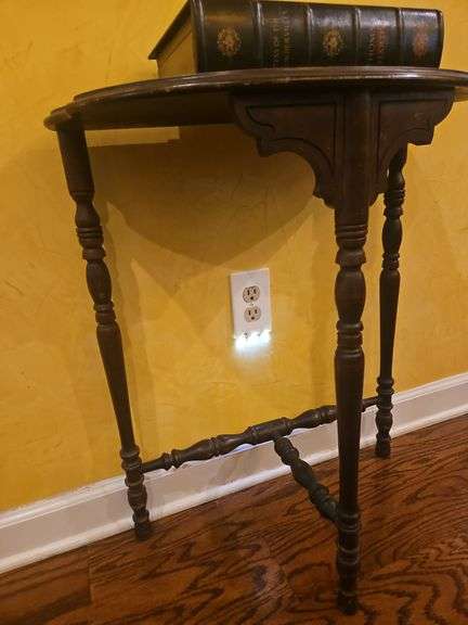 Vintage-look half-moon table w/vintage-look book(actually a box) stationary on top 22x11.5x27.5x30(including book)...