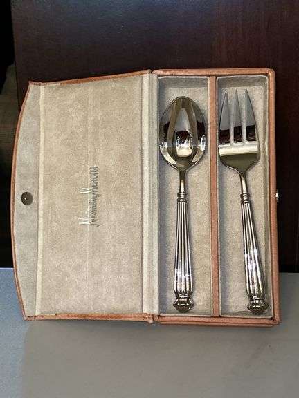 Gorgeous Reed & Barton 2-piece serving set in vintage Neiman Marcus microsuede lined leather box