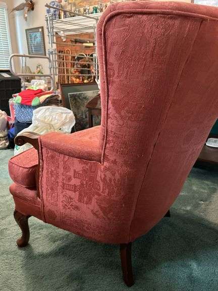 Antique coral upholstered accent chair…..29-1/4 x 20-1/2 x 18 tall to seat (34-1/2 tall overall)