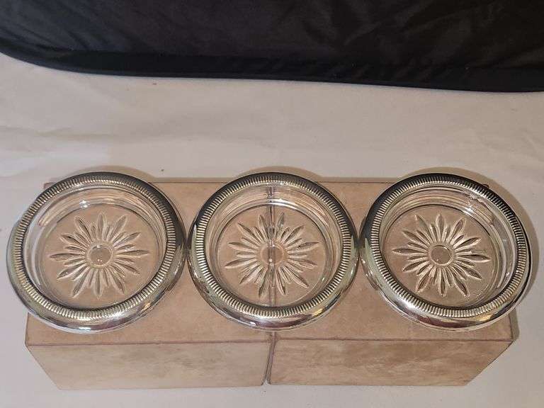 Set of Three(3) vintage Crown 3.75" cut glass coasters w/Sterling rims...