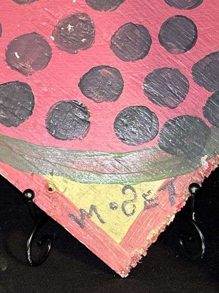 Original signed Mose T red meat watermelon Folk Art with signature soda can tab hanger…..19 x 9-1/4