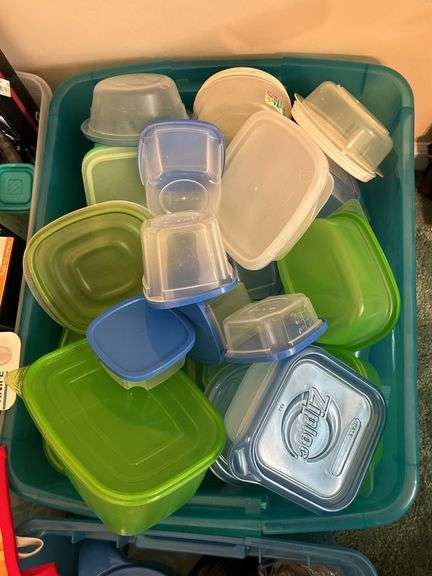 Tote full of plastic storage bowls