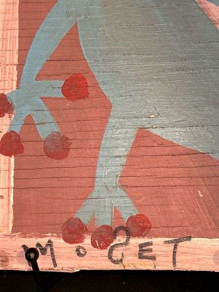 Original signed Mose T baby blue Tico bird Folk Art with signature soda can tab hanger…..9-1/2 x 15-1/2