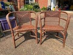 Pair of faux wicker barrel back chairs…..sturdy - shows wear from normal use…..26 x 18-1/2 x 16 tall to seat (28 tall overall)