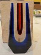 Very unique 5" heavy glass vase w/cobalt blue outside and red core, designed by Pavel Hlava for Egermann...