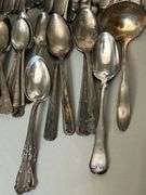 Approx. 136 Pieces of various patterns and makers of silverplate flatware…..some do match but most do not have complete sets….all need polished…..some makers include Oneida, Simpson, 1947 Rogers Bros., Aristocrat, Argyle and more