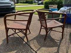 Pair of faux wicker barrel back chairs…..sturdy - shows wear from normal use…..26 x 18-1/2 x 16 tall to seat (28 tall overall)