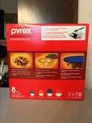 NIB PYREX 8-piece Glass Mixing Bowl Set…..each has its own lid…..see pics for sizes…..box is sealed