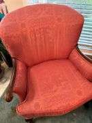Antique coral upholstered accent chair…..29-1/4 x 20-1/2 x 18 tall to seat (34-1/2 tall overall)