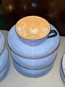 19 pieces of Victoria Czechoslovakia Blue Luster porcelain…..6 cups, 6 saucers, 1 creamer and 6 dessert plates…..minor chipping on creamer bottom and all show usage……overall this set is very pretty