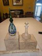 Beautiful bue & green crystal glass perfume bottle w/stopper + additional glass bottle w/stopper...