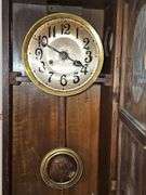 Antique pendulum clock. Chimes on half hour and counts whole hours. Did not locate a maker. Was operating properly at time of listing. 11x7.5 x 30 in tall.