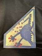 Original signed Mose T blue Tico bird/dino Folk Art with signature soda can tab hanger…..11-1/2 x 15-1/4