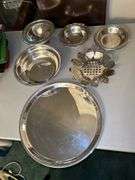 Very nice selection of silverplate items……compote, 2 small bowls, medium-sized bowl, rose bowl(?), and round serving tray