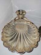 5 silver plate items. Chip and dip, Trey, nut and mint containers. Brass floral tray.