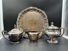 Selection of heavier silverplate items…..makers include Derby Silverplate Co., Victor Silver Co., tray is unmarked….all need polished