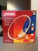 NIB PYREX 8-piece Glass Mixing Bowl Set…..each has its own lid…..see pics for sizes…..box is sealed