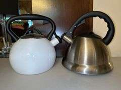Stainless tea kettle and NEW Cuisinart white enamel tea kettle….no dents