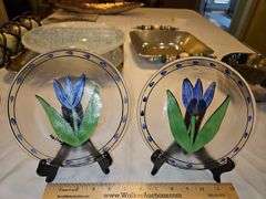 Pair of Kosta Boda Glass Tulipa 7.5” Plates Blue Tulip Hand Painted Signed Ulrica Vallien in like new condition no chips, cracks, or other blemishes...