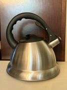 Stainless tea kettle and NEW Cuisinart white enamel tea kettle….no dents