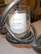 NEW Iron candle holder 20.25" wide w/5 Live My Home wood wick votives in different scents...
