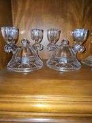 Two vintage Imperial Glass double light candlestick holder in the "Crocheted Crystal" pattern.