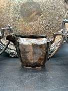 Selection of heavier silverplate items…..makers include Derby Silverplate Co., Victor Silver Co., tray is unmarked….all need polished