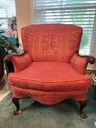 Antique coral upholstered accent chair…..29-1/4 x 20-1/2 x 18 tall to seat (34-1/2 tall overall)