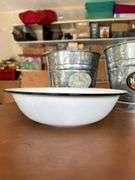 (2) like new Behrens 10 qt galvanized buckets, like new enamel wash bowl and NEW 75 ft. flat soaker hose