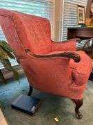 Antique coral upholstered accent chair…..29-1/4 x 20-1/2 x 18 tall to seat (34-1/2 tall overall)