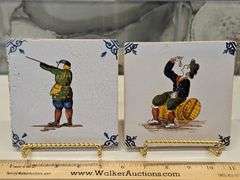 Two(2) Vintage ceramic Delft Dutch 19th century polychrome tiles 5" X 5" square x 1/4" thick...