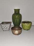Miscellaneous pottery pieces. Green vase is Haeger pottery, cotton bowl is by Oxford candle Company, other two are unmarked.