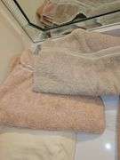 Two bath towels, three hand towels, for washcloth, and one sheet. Size unknown on sheet.