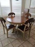 Pier 1 imports table and four chairs. Includes 18 inch leaf. Table is 47.5 x 30.5 in tall. Chairs are 18x 17.5x 39 in tall. Seat height is 18 in.