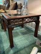 Very nice square end table with glass inlay and open die cut apron…..27” square x 22” tall
