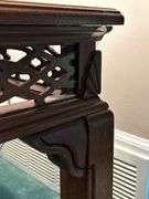 Very nice square end table with glass inlay and open die cut apron…..27” square x 22” tall