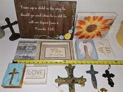 Christian artwork, crosses, Angels, friends, and a flower painting on a board