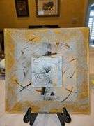 My research shows this Beautiful 11x11 piece was Handmade in Israel; Naharlya Glass Tray Andreas Meyer Gold White Painted Art...