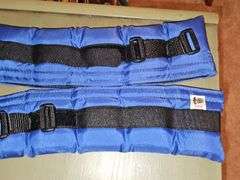 Yoga mat, hand weights, ankle weights, and gloves.