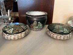 Gorgeous 3-piece porcelain set from Stein Mart…..includes 2 shallow lidded bowls and 1 planter…..bowls are 6”D x 3” tall and planter is 6-1/2”D x 5-1/2” tall