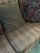 Alexvale Furniture plaid scroll arm sofa with throw pillows…..88 x 28 deep from back x 18 tall to seat (30 tall overall)