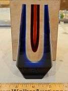 Very unique 5" heavy glass vase w/cobalt blue outside and red core, designed by Pavel Hlava for Egermann...