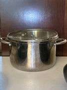 Selection of unmarked small aluminum steamer, 10” Belgique non-stick skillet, Calphalon 10” non-sticker skillet
