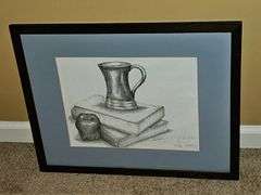Signed pencil art of books and apple