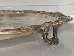 Lovely silver plate footed tray. Engraving on underside as shown. 16.5 x 1.5 in tall.