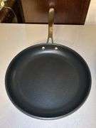 Selection of unmarked small aluminum steamer, 10” Belgique non-stick skillet, Calphalon 10” non-sticker skillet