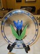 Pair of Kosta Boda Glass Tulipa 7.5” Plates Blue Tulip Hand Painted Signed Ulrica Vallien in like new condition no chips, cracks, or other blemishes...