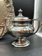 Selection of heavier silverplate items…..makers include Derby Silverplate Co., Victor Silver Co., tray is unmarked….all need polished