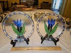 Pair of Kosta Boda Glass Tulipa 7.5” Plates Blue Tulip Hand Painted Signed Ulrica Vallien in like new condition no chips, cracks, or other blemishes...