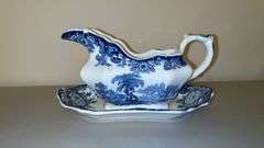 Vintage Allerton’s Kenilworth English Gravy Boat with Under Tray (chipped), Creamer and Sugar Bowl (no lid)…..gravy boat is 8-1/2 x 4-1/2 tall, creamer 4” tall and sugar bowl 6-1/2 x 4 tall (handle to handle)